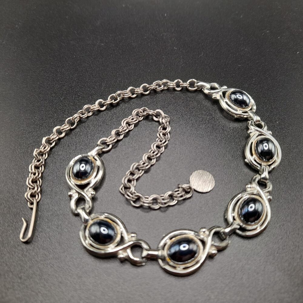 Vintage 1960s Faux Hematite Cabochon Necklace, 15 1/2", Silver Tone - Picture 9 of 10